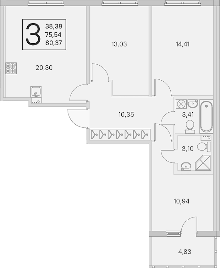 3-комнатная квартира 75.54 м², 1/4 эт., ЖК «Любоград в Стрельне»